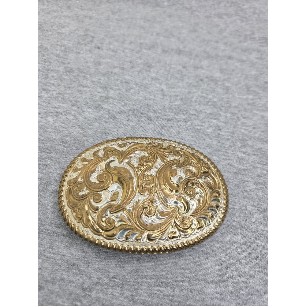 Vintage Crumrine Filigree Floral Gold Silver Rodeo Western Belt Buckle Mens